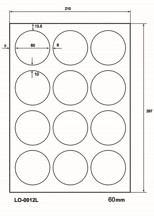 1200 gekleurde universele etiketten 60 mm rond, op 100 Din A4 vellen, mat, zelfklevend LO-0012-L-70