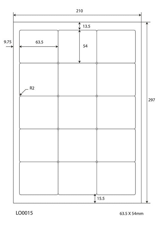 1500 gekleurde universele etiketten 63,5x54mm, op 100 Din A4 vellen, mat, zelfklevend LO-0015-70