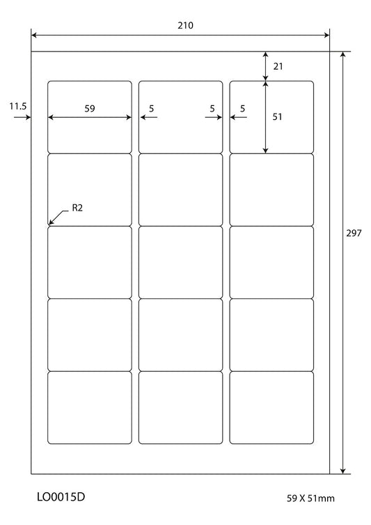 1500 gekleurde universele etiketten 59x51mm, op 100 Din A4 vellen, mat, zelfklevend LO-0015-D-70