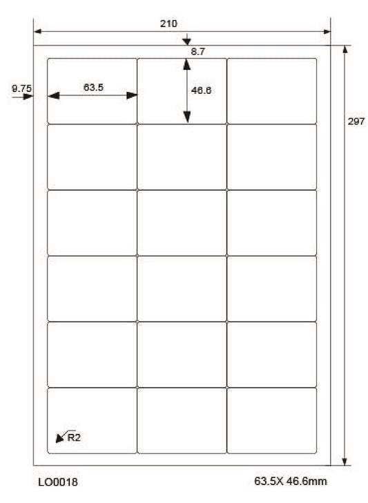 1800 gekleurde universele etiketten 63,5x46,6mm, op 100 Din A4 vellen, mat, zelfklevend LO-0018-70