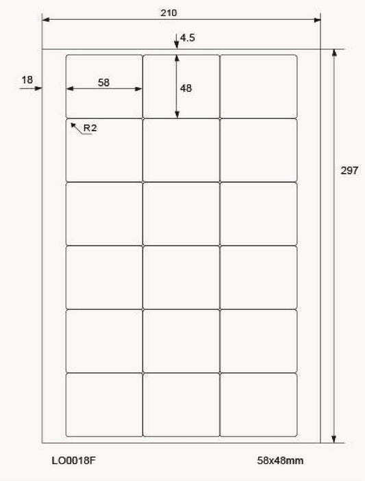 1800 gekleurde universele etiketten 58x48mm, op 100 Din A4 vellen, mat, zelfklevend LO-0018-F-70