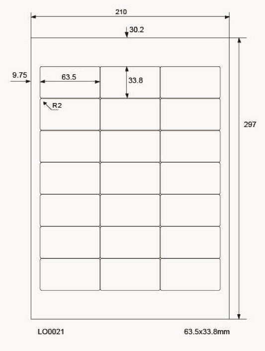 2100 gekleurde universele etiketten 63,5x33,8mm, op 100 Din A4 vellen, mat, zelfklevend LO-0021-70