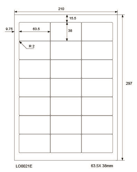 2100 gekleurde universele etiketten 63,5x38mm, op 100 Din A4 vellen, mat, zelfklevend LO-0021-E-70