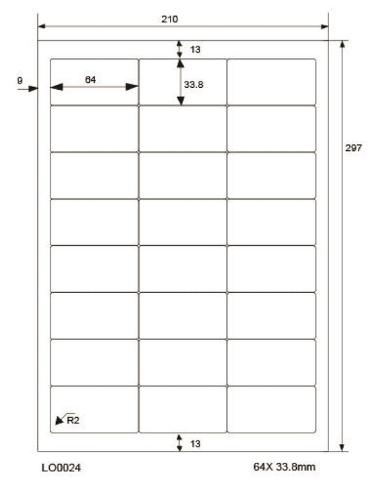 2400 gekleurde universele etiketten 64x33,8mm, op 100 Din A4 vellen, mat, zelfklevend LO-0024-70