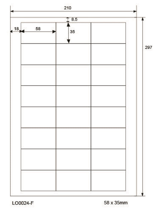 2400 gekleurde universele etiketten 58x35mm, op 100 Din A4 vellen, mat, zelfklevend LO-0024-F-70