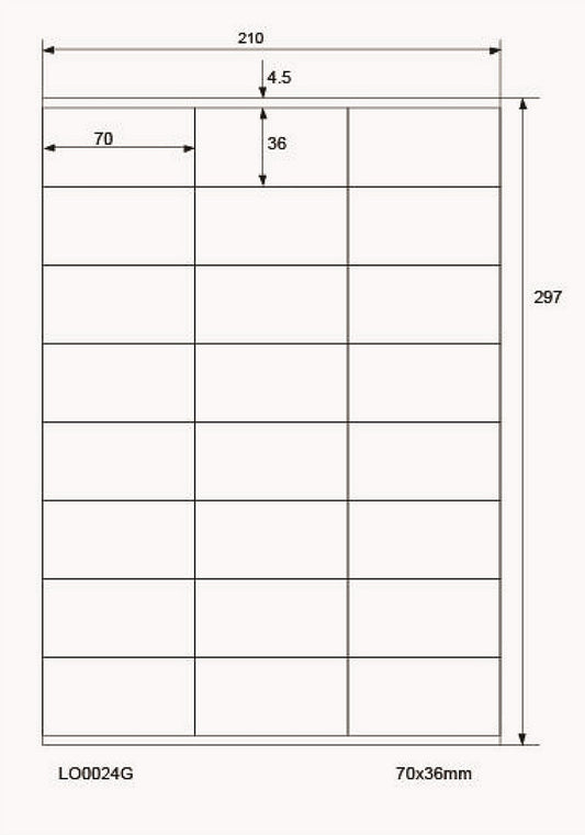 2400 gekleurde universele etiketten 70x36mm, op 100 Din A4 vellen, mat, zelfklevend LO-0024-G-70