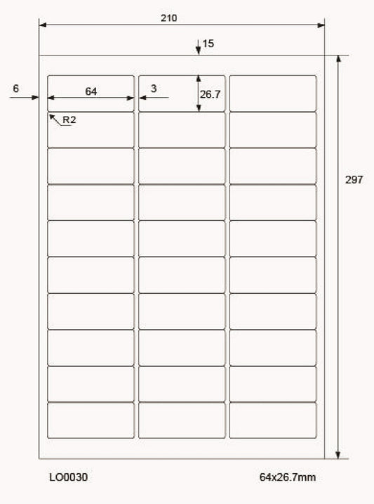 3000 gekleurde universele etiketten 64x26,7mm, op 100 Din A4 vellen, mat, zelfklevend LO-0030-70